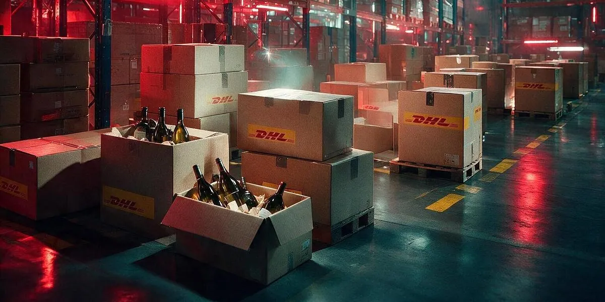 DHL warehouse with pallets of boxed wine bottles
