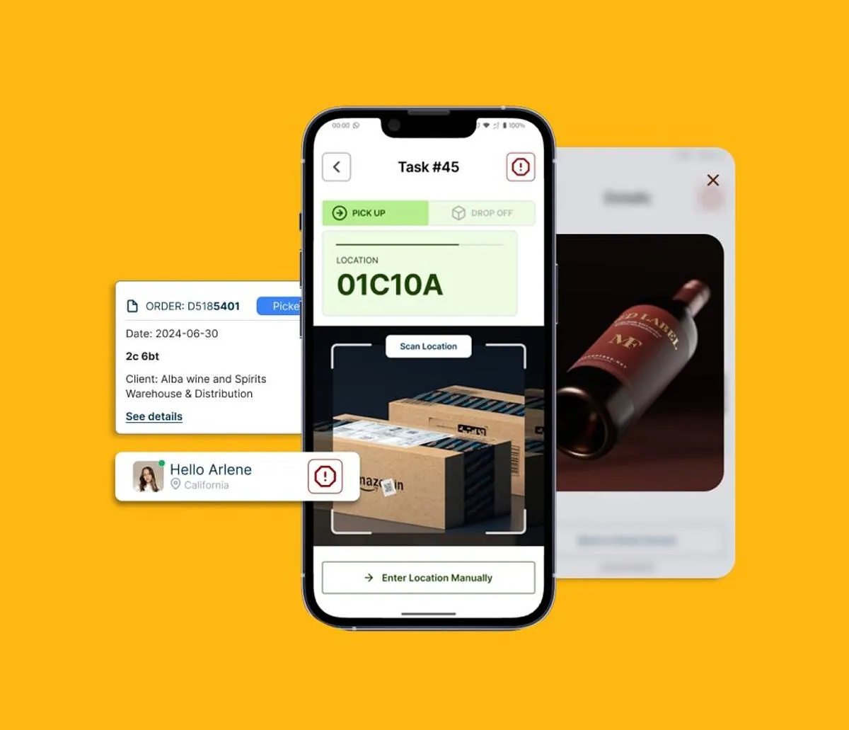 Screens of the DHL warehouse app showing a task and its location