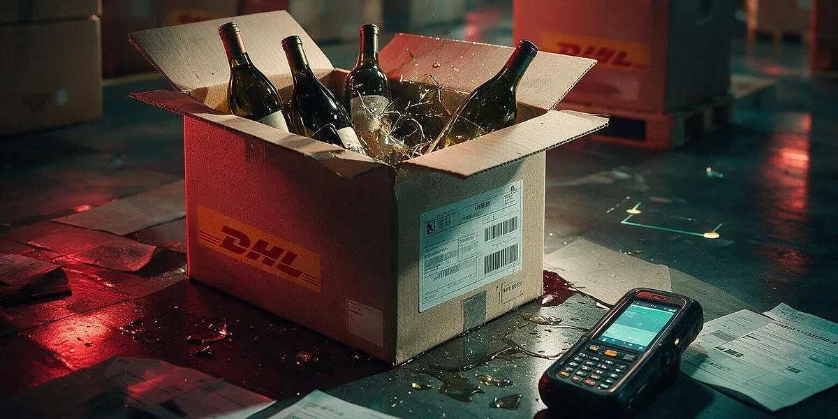 Broken wine bottles in a damaged DHL box next to a scanner