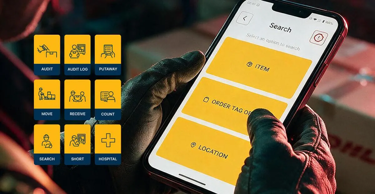 Warehouse worker using the redesigned DHL app on a phone