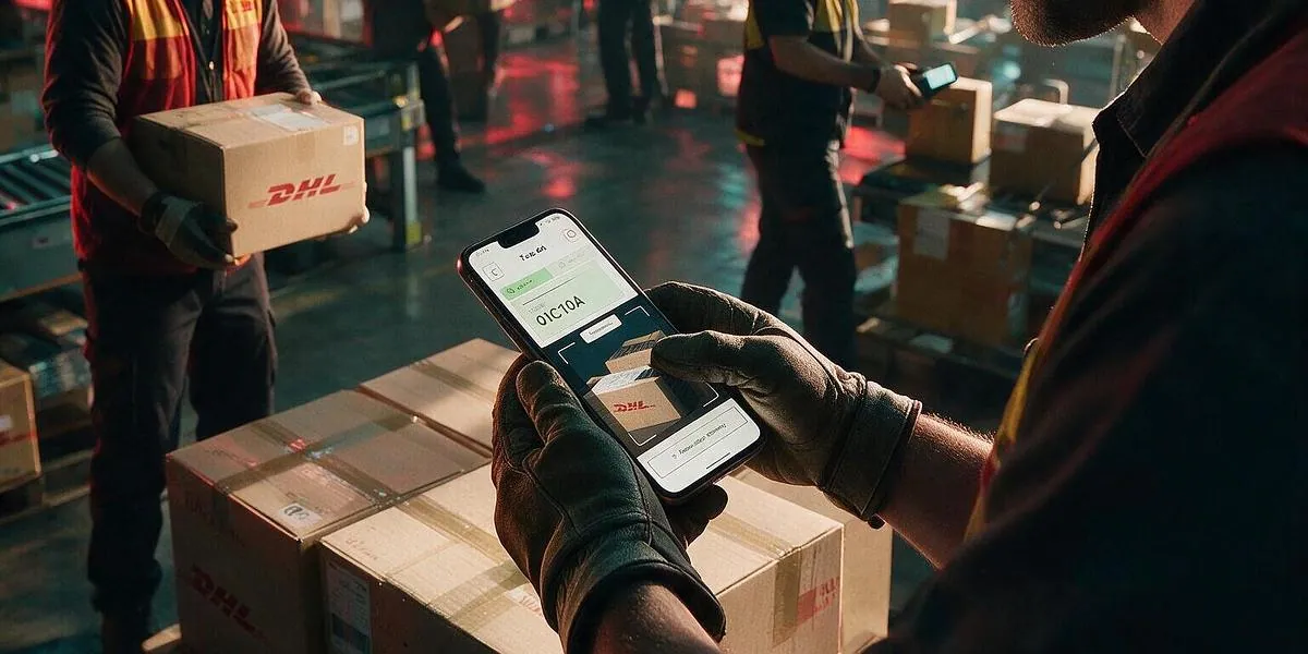 Warehouse worker checking a task on the phone while holding a box