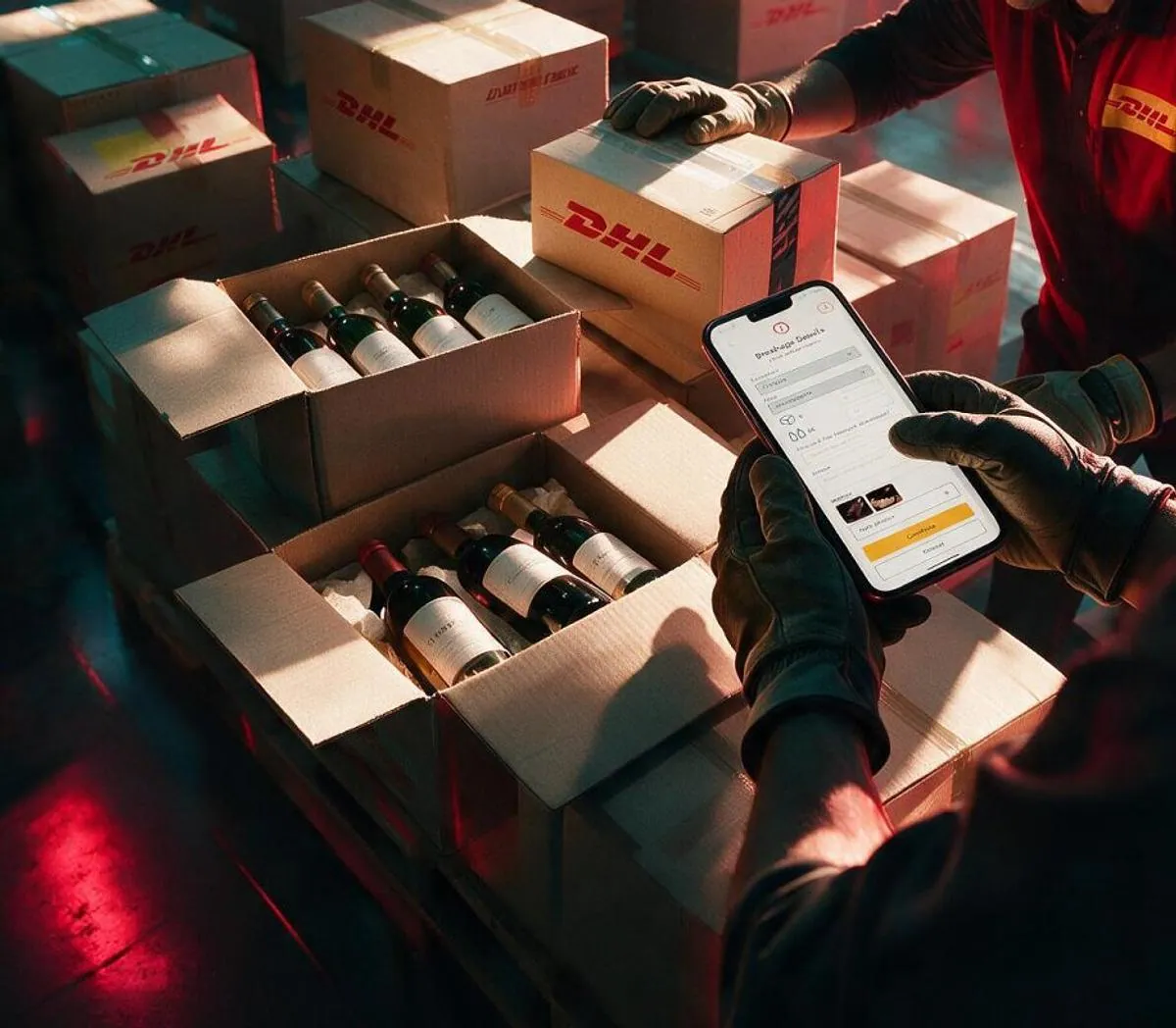 Worker using the app next to boxed wine bottles