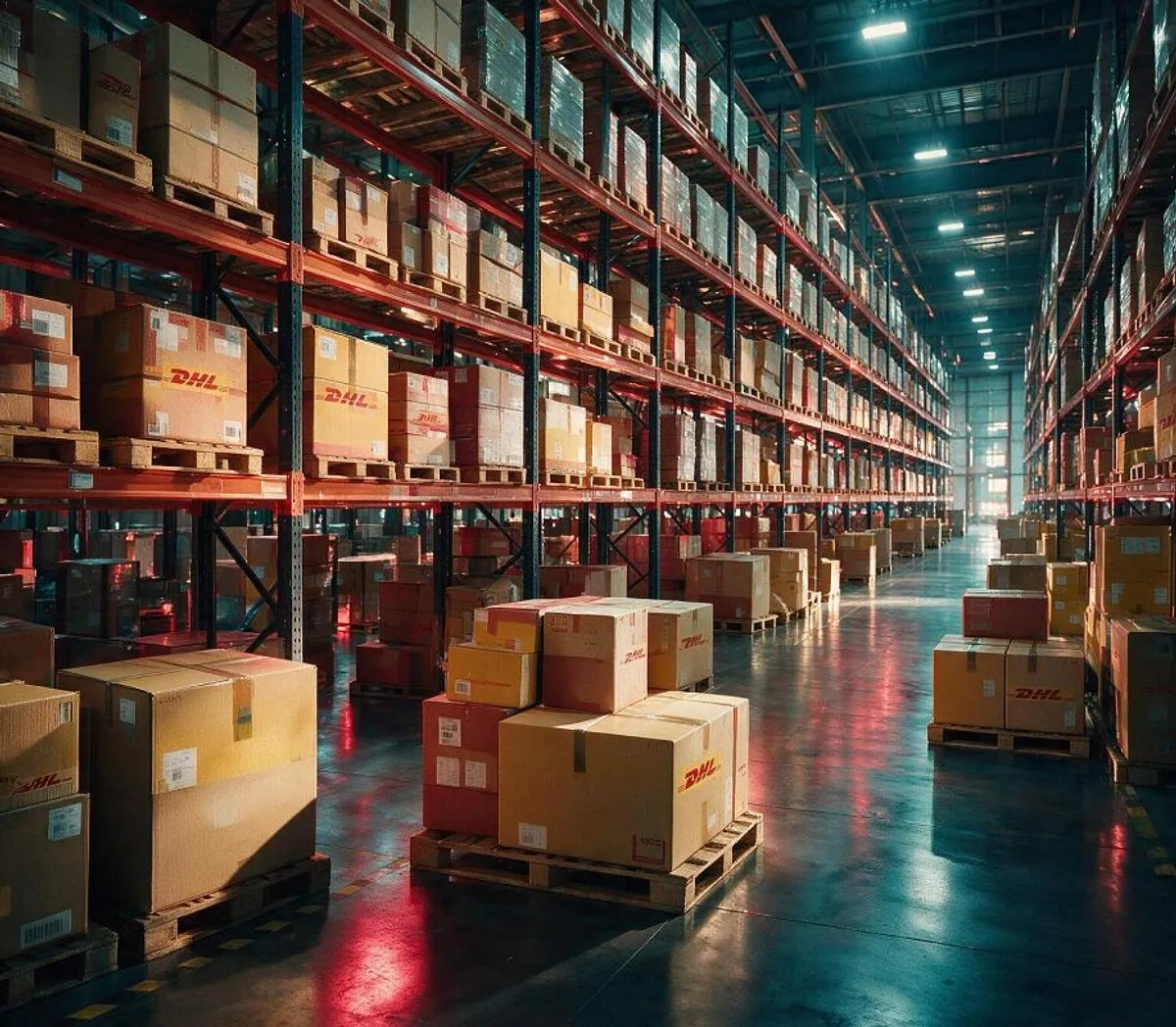 Aisles of a DHL warehouse full of pallets