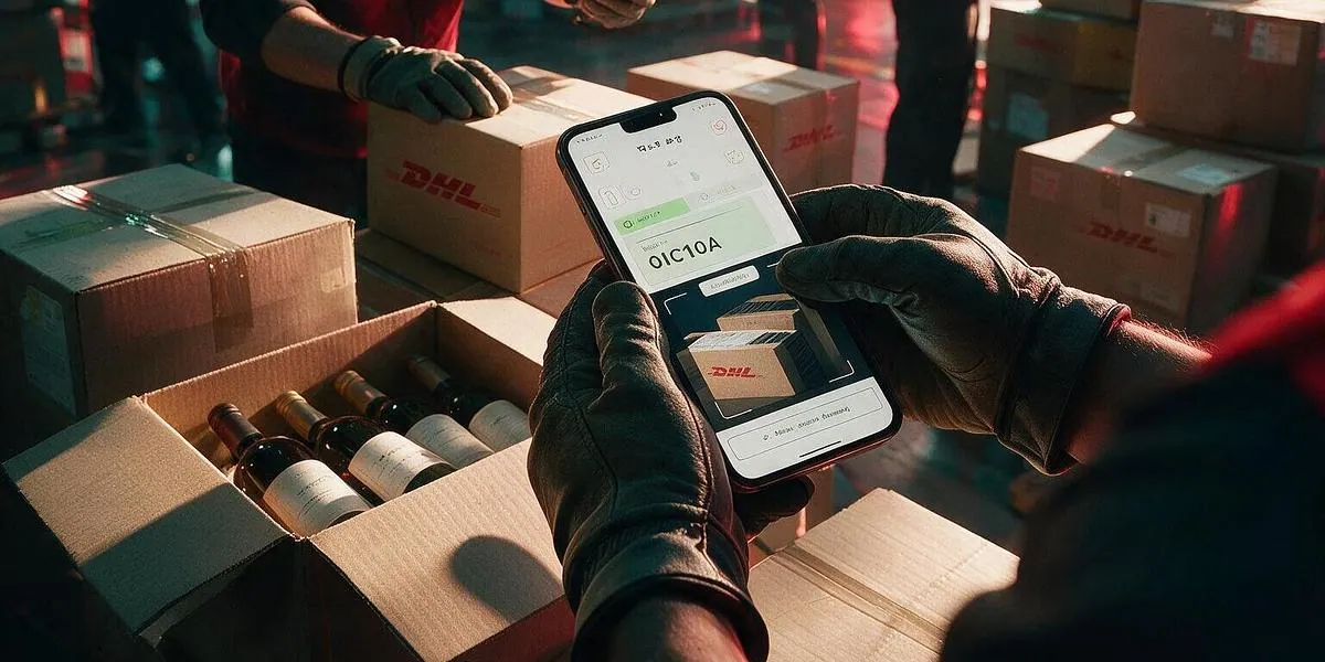 Worker reviewing an item in the app over a box of wine bottles